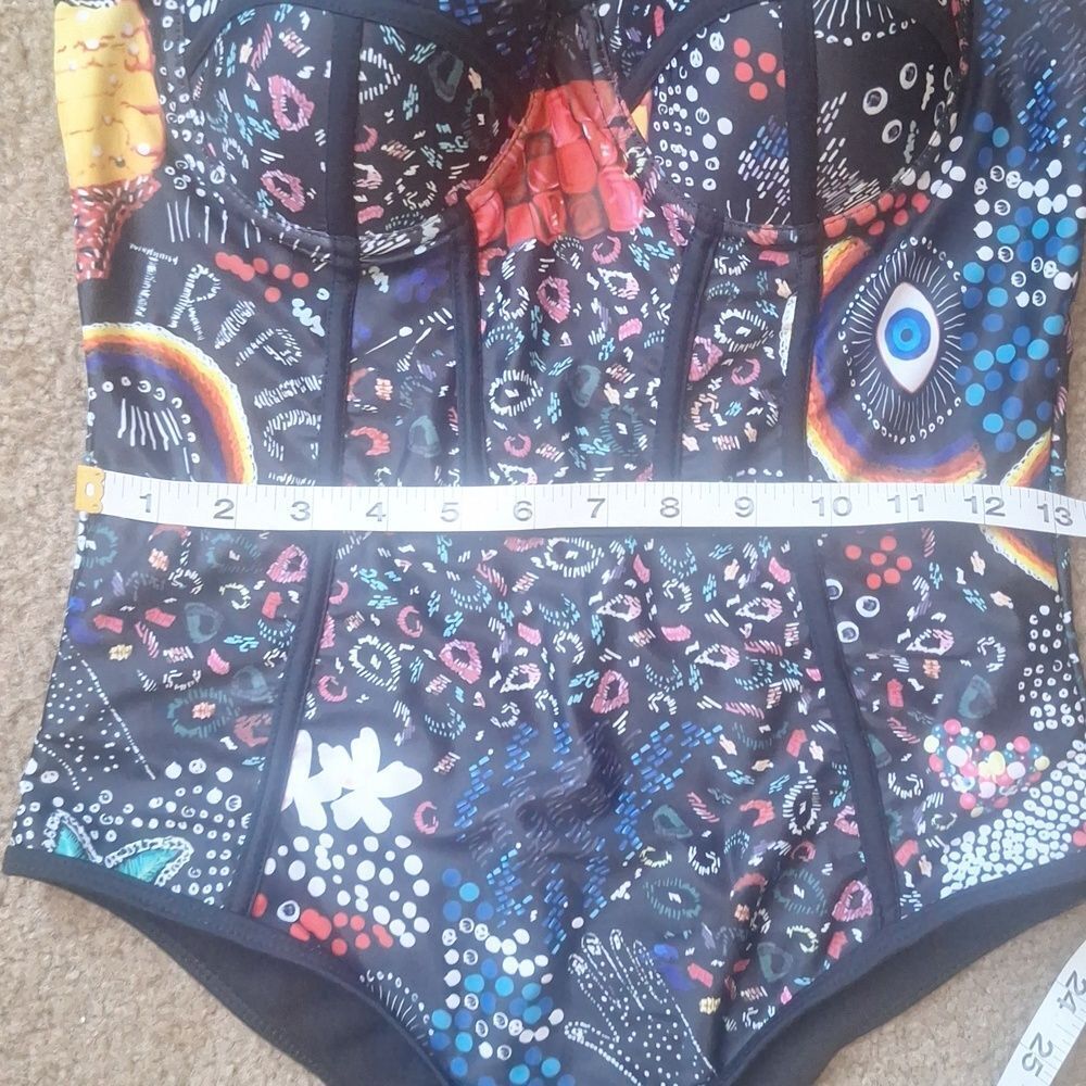 Vibrant Tropical Bustier One-Piece Swimsuit Rainbow Graphic & Black Piping Sz M - Picture 6 of 7